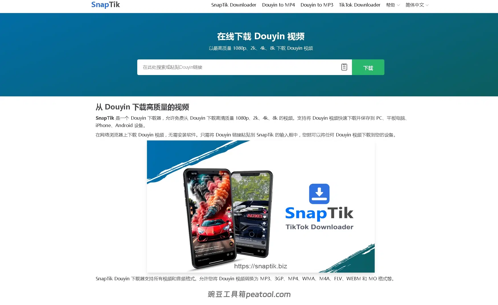 SnapTik:抖音 / TikTok 免费在线下载工具,免客户端高清无水印,多格式转换|豌豆工具箱